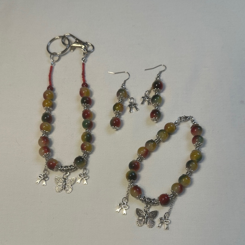 Bracelet, Earrings, Purse/Key/Car Charm, Mango colored Glass with Silver Charms